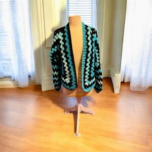 Stylish Blue and Black Women's Handmade Crochet Cardigan